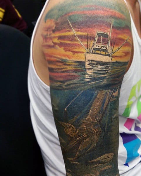 Boat Docked Fish Skeleton Tattoo For Men