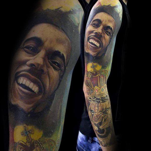 Bob Marley Themed Full Arm Sleeve Tattoo Designs For Guys