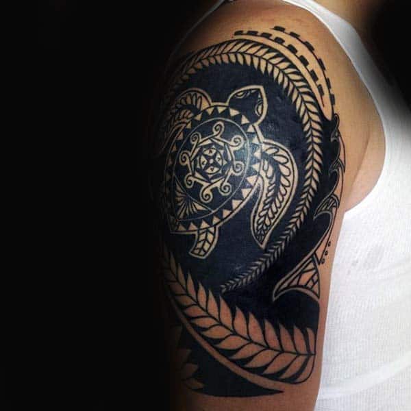 Bold Black Ink Turtle Tribal Male Tattoo Ideas