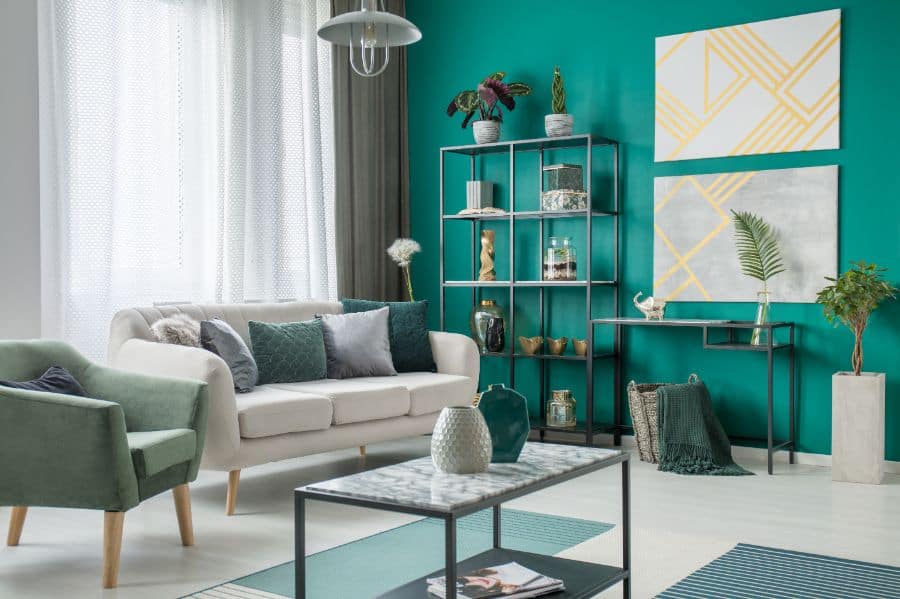 bold green accent wall modern living room 