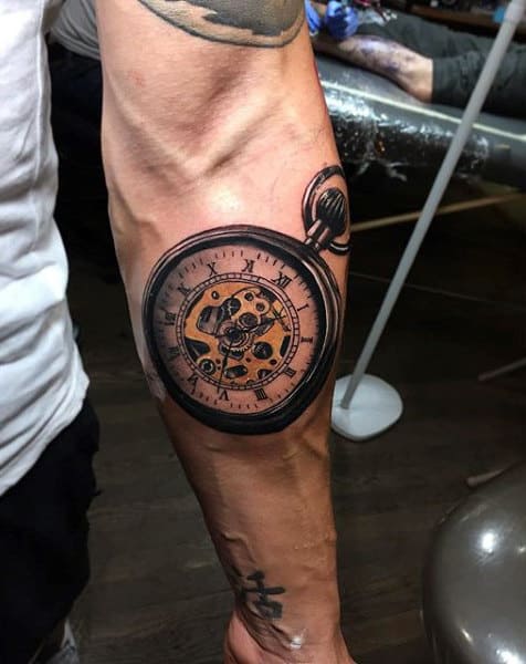 Bold Pocket Watch Tattoo On Forearms Men