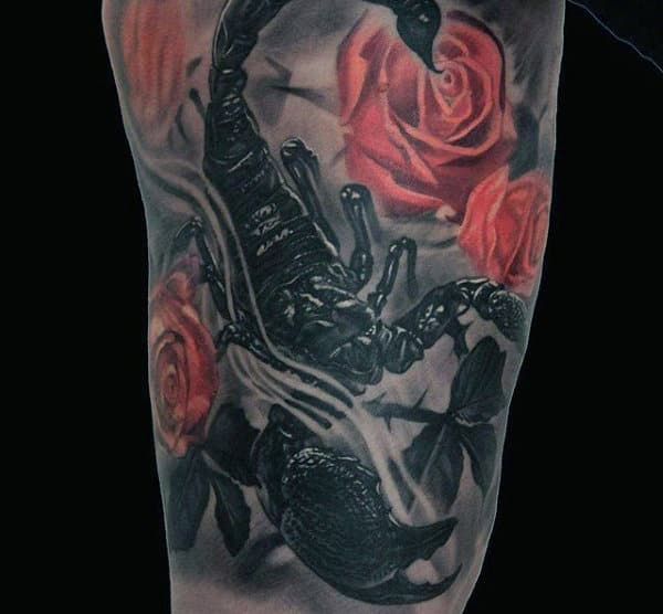 Bold Scorpion With Red Roses Tattoo On Legs For Men