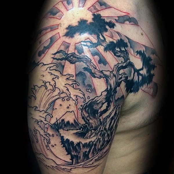 Bonsai Tree Mens Rising Sun Waves Half Sleeve Tattoos