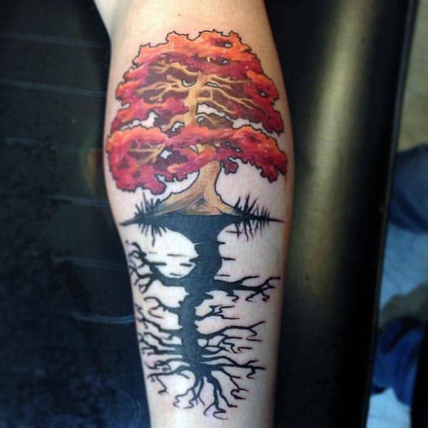 Bonsai Tree With Black Ink Roots Mens Leg Calf Tattoo Design Ideas