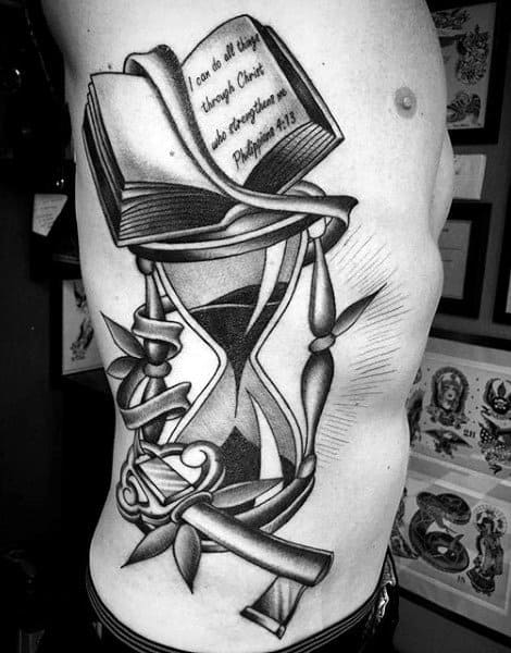 Book And Key Hourglass Full Ribs Tattoos For Men