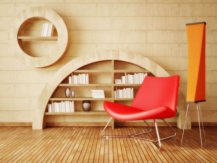 modern bookcase reading nook red accent chair 