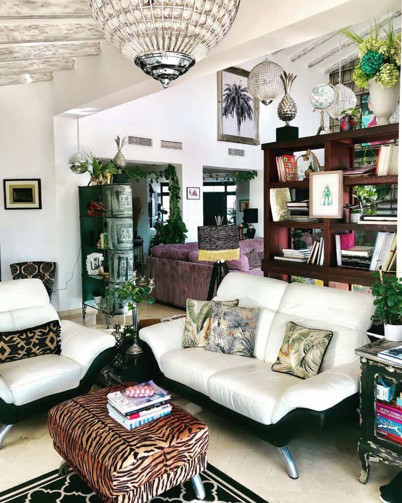 boho style vintage living room with white sofa 