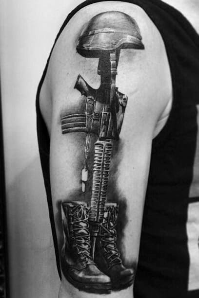 Boots With Rifle And Helmet Upper Arm Tattoo For Men Memorial Design