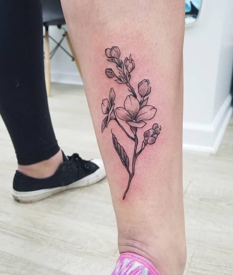 41 Pretty Lilac Tattoo Ideas   Botanical Black Wrok Lilac Tattoo Hardenedart 768x905 