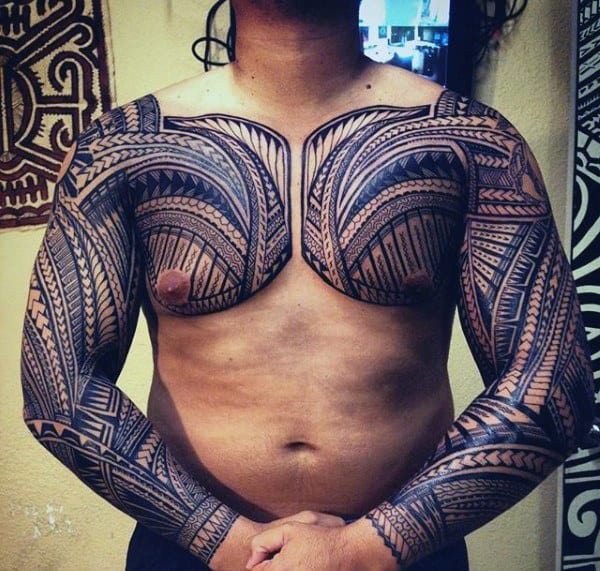 Both Arms Mens Samoan Sleeve And Chest Tribal Tattoos