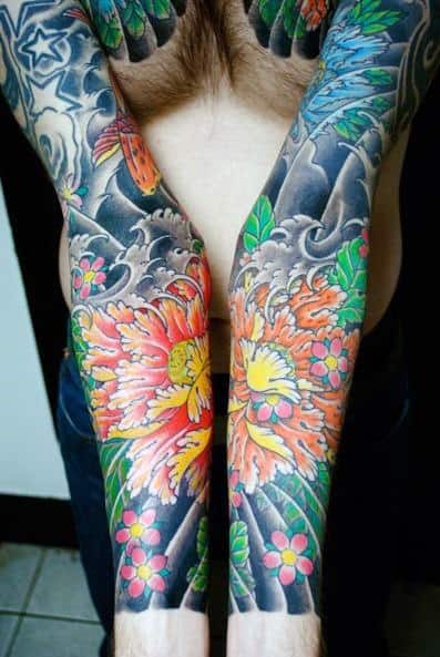 Both Arms Sleeve Mens Japanese Flower Tattoo Ideas