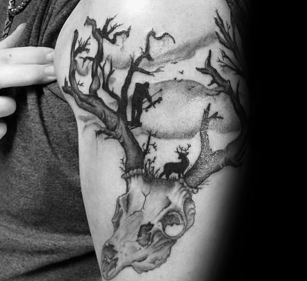 Bowhunting Male Arm Tattoos With Deer Skull Design