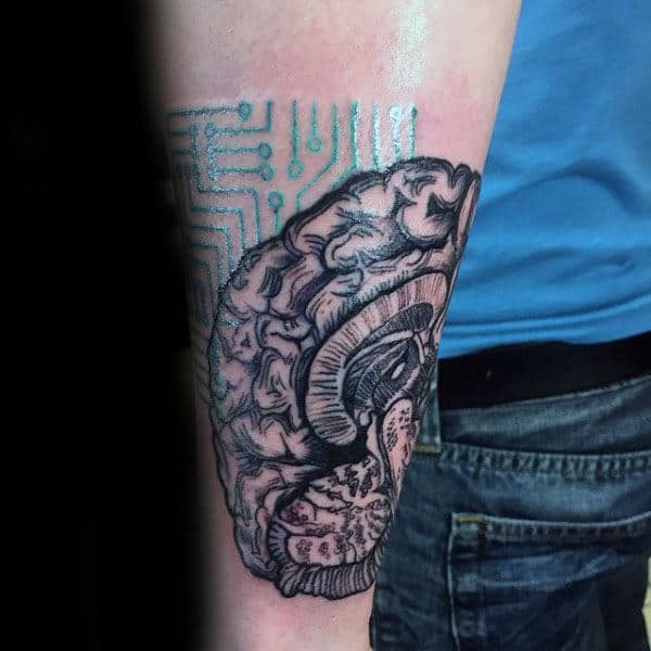 Brain Circuit Board Mens Abstract Forearm Tattoo