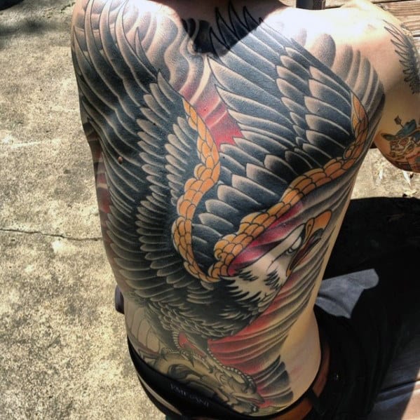 Bretro Lack Red And Gold Mens Eagle Back Tattoo Ideas