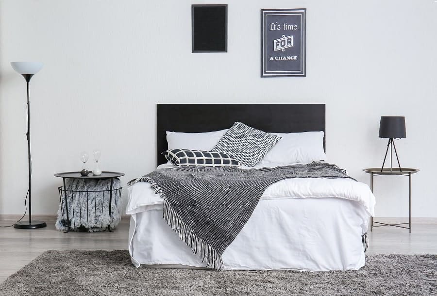 simple scandinavian black and white bedroom gray floor rug 