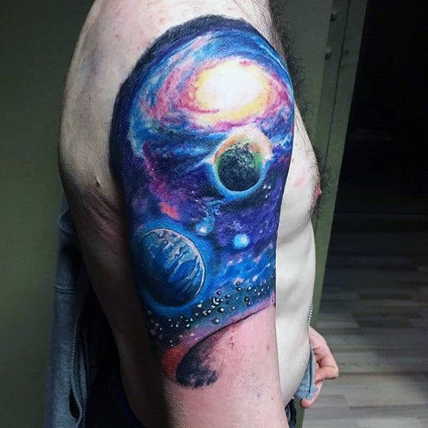 Bright Bold Blue Shaded Universe Tattoo On Shoulder For Guys