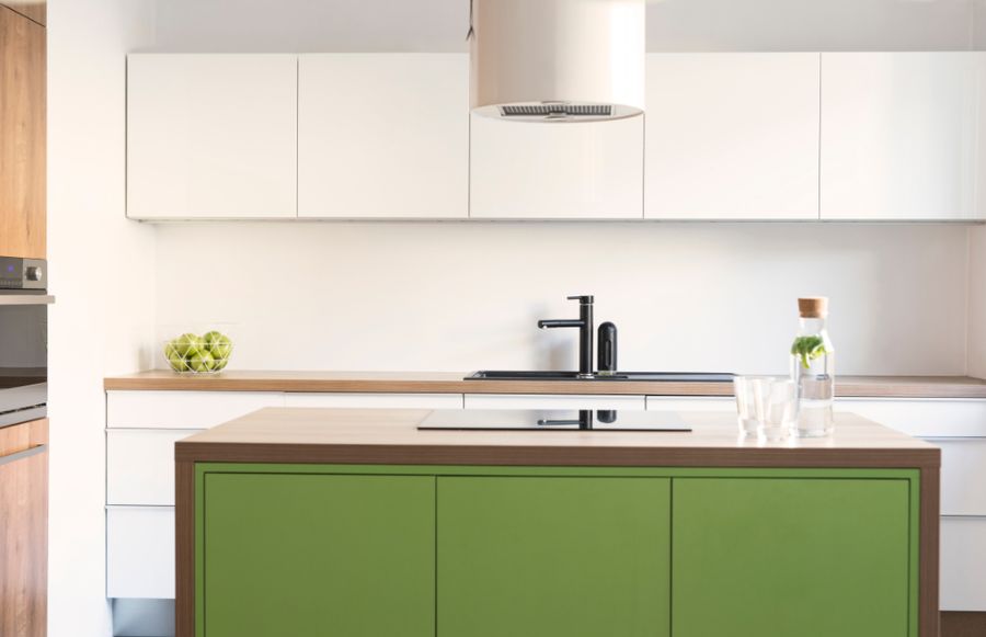 white cabinet kitchen green wood island 