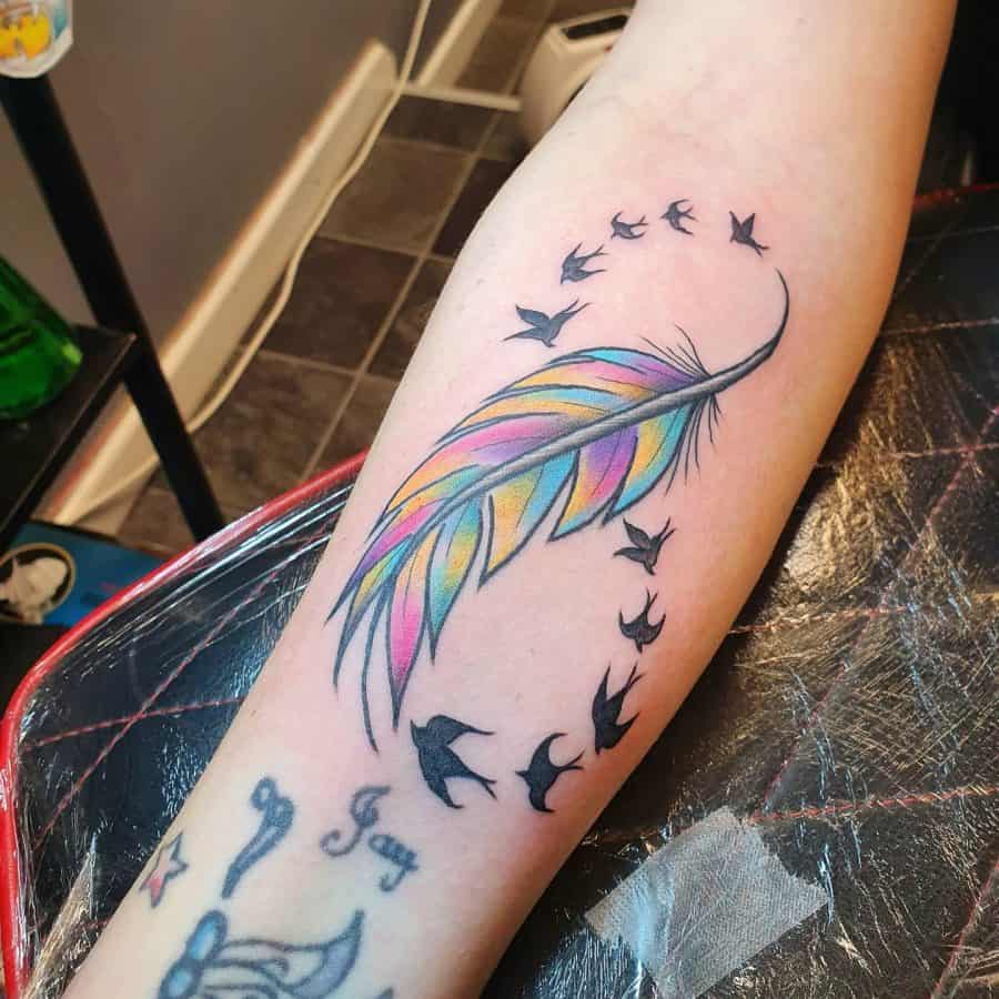 Bright multicolored feather black birds innovative infinity tattoo