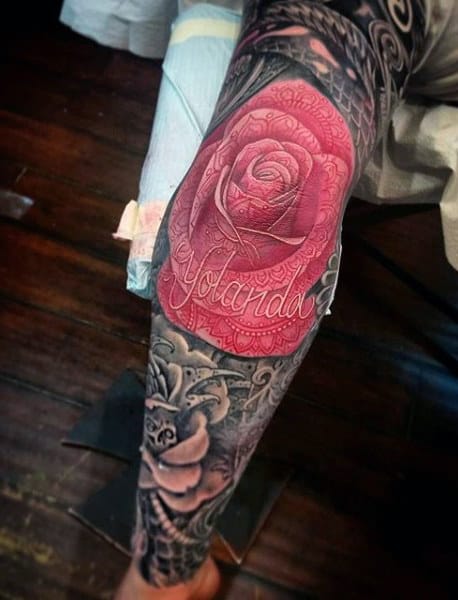 Bright Red Rose Flower Elbow Mens Tattoo