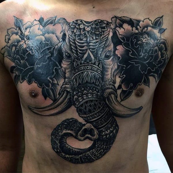 Brilliantly Designed Elephant Tattoo And Flowers Tattoo Mens Chest