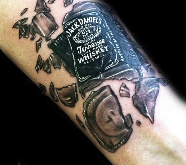 Broken Jack Daniels Bottle Mens Forearm Tattoos