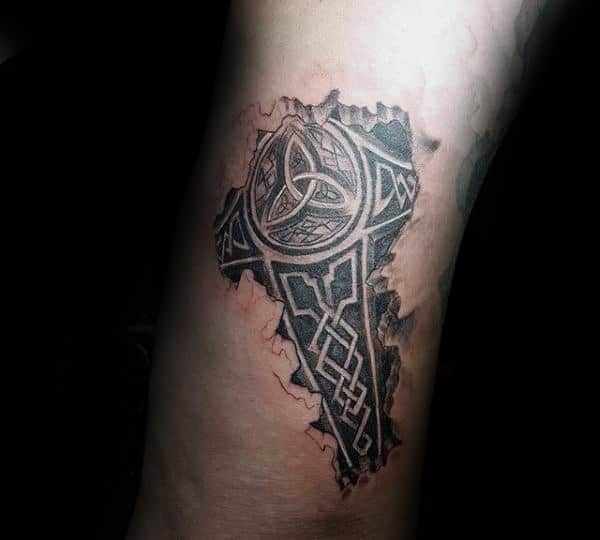 Broken Skin Mjolnir Male Arm Tattoos