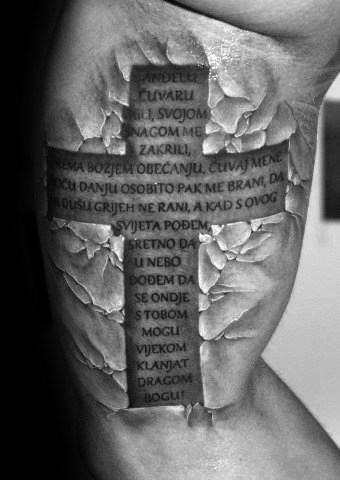 Broken Stone 3d Bible Verse Cross Mens Inner Arm Bicep Tattoos