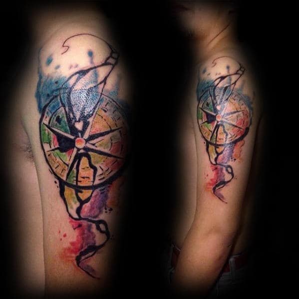 Broken Watercolor Compass Mens Arm Tattoo Designs