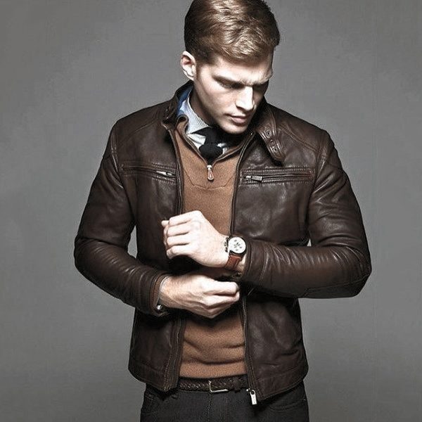 Brown Leather Jacket Man With Casual Wear Fashionable Style Look