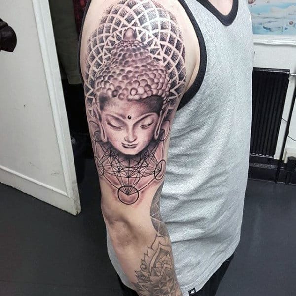 Buddha With Concentric Circles Tattoo On Upper Arms For Guys