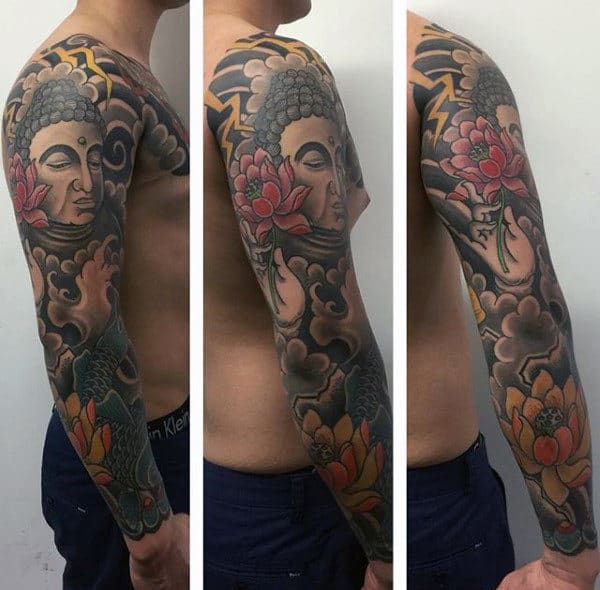 Buddhism And Flowers Tattoo Whole Sleeve Men