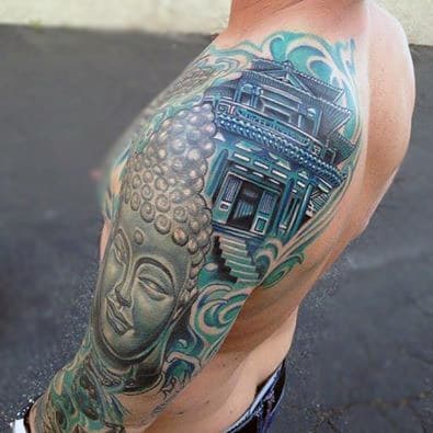 Buddhism Chinese Temple Tattoo On Arms For Guys