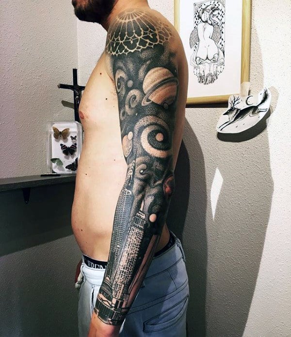 Building With Outer Space Sky Mens Full Sleeve Tattoo Designs