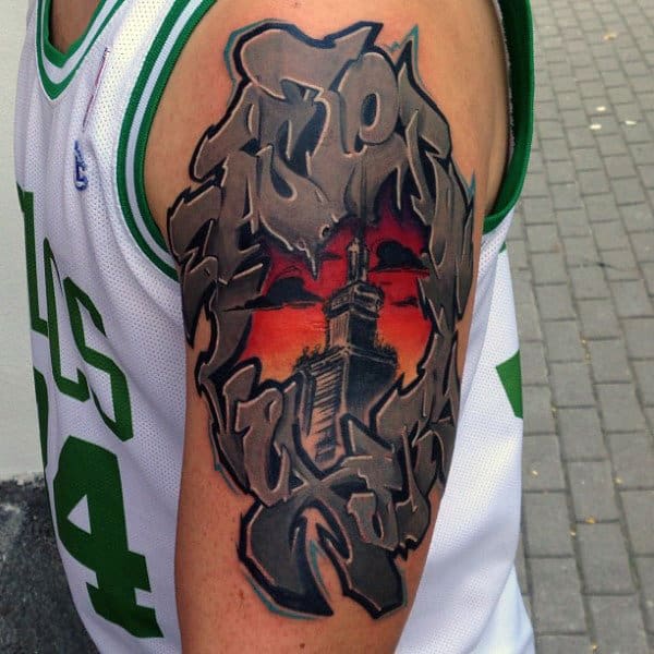 Building With Wildstyle Graffiti Tattoo For Men On Upper Arm