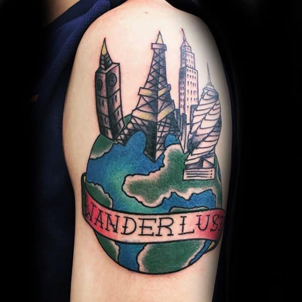 Buildings With Globe Wanderlust Mens Old School Arm Tattoo