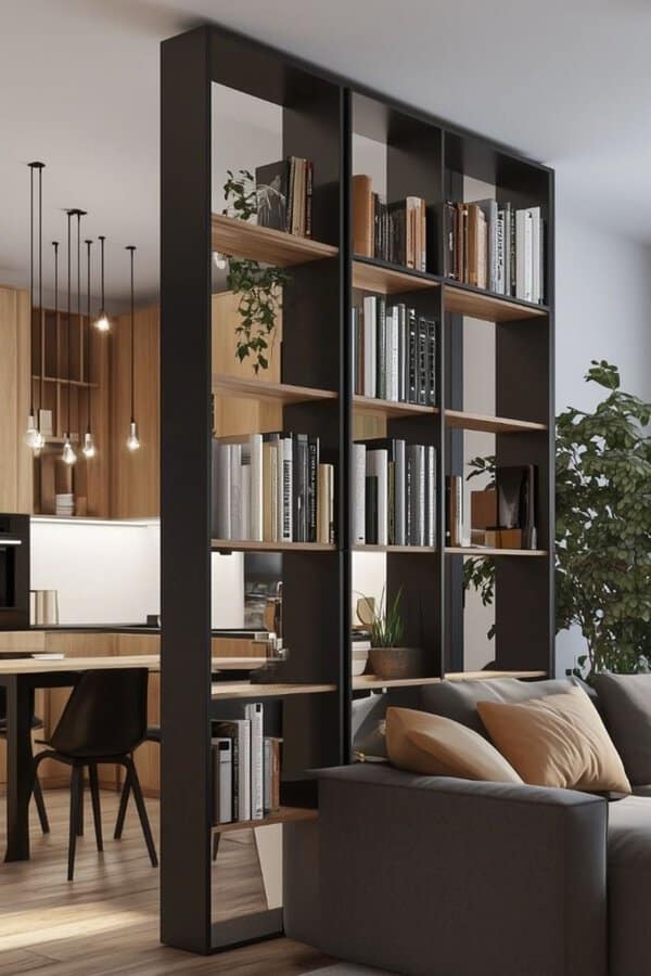 Modern open shelving unit serving as a room divider between the kitchen and living area.