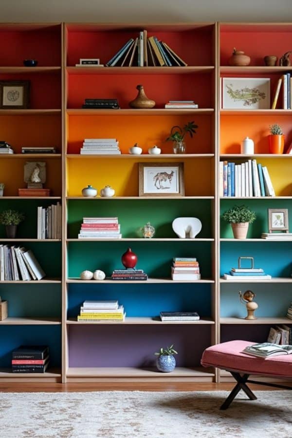 Built-in bookshelves with a vibrant rainbow backdrop, styled with books, plants, and decor.