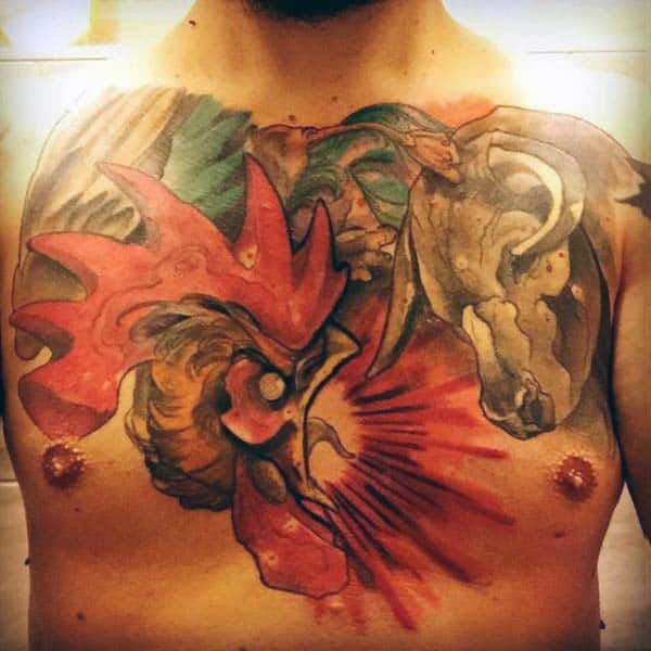 Bull And Rooster Tattoo For Men Chest Piece