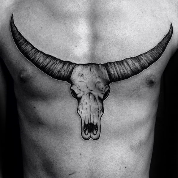 Bull Animal Skull Mens Chest Tattoo Design Ideas