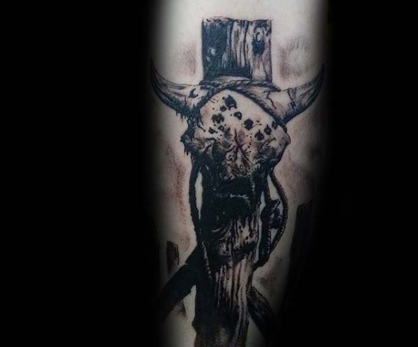 Bull Skull On Wood Post Mens Arm Tattoos