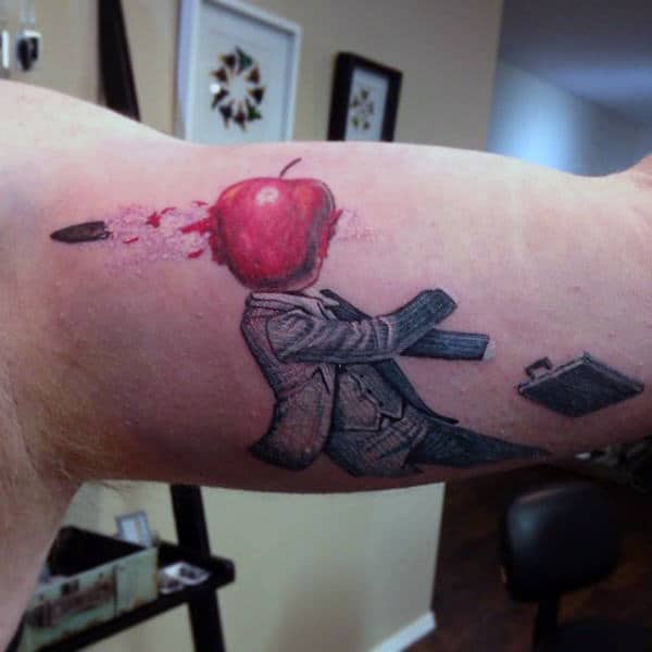 Bullet Through Apple Mens Bicep Tattoo Designs