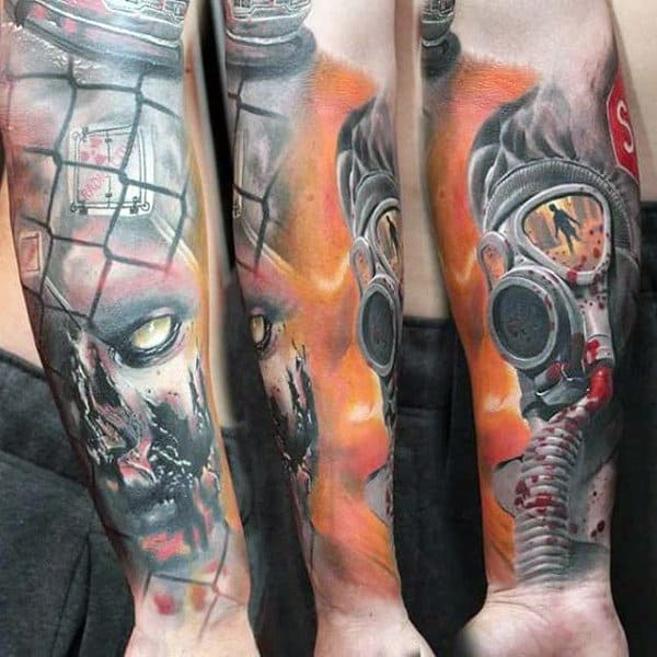 Burning Gas Mask Forearm Sleeve Mens Tattoo Designs