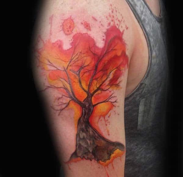 Burning Orange Watercolor Tree Tattoo Male Forearms