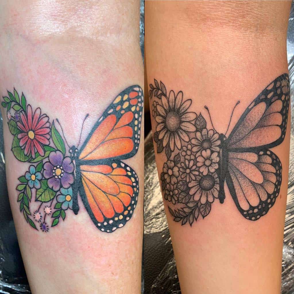 butterfly-black-grey-floral-mother-daughter-tattoo-hive.mother