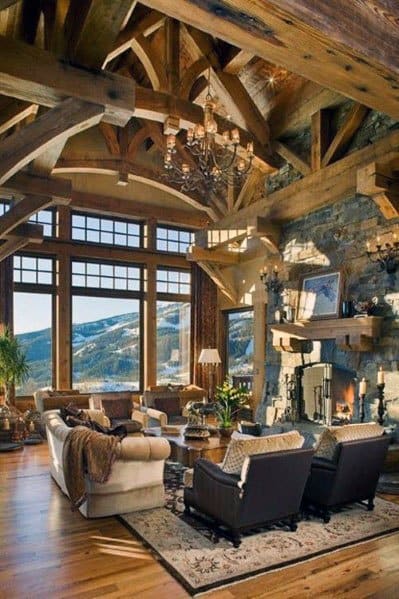 Cabin Vaulted Ceiling Ideas Wood Beams With Stone Fireplace