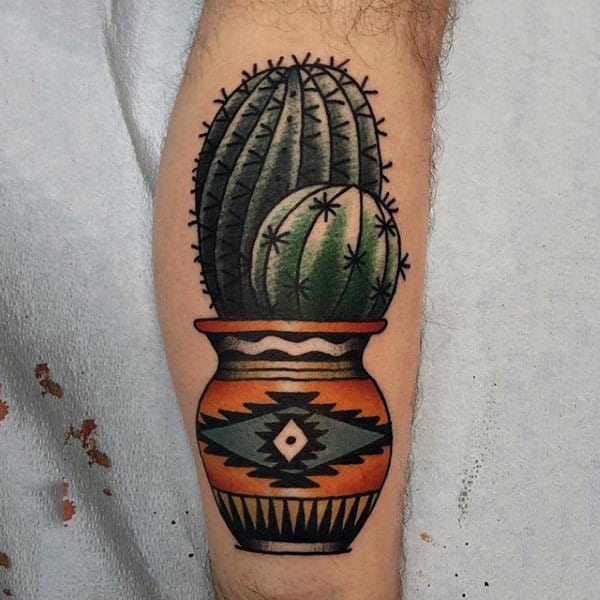 Cactus In Flower Pot Mens Leg Tattoo