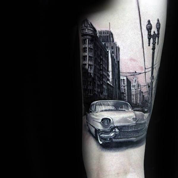 Cadillac Car Parked With City Skyline Street Mens Inner Arm Bicep Tattoos