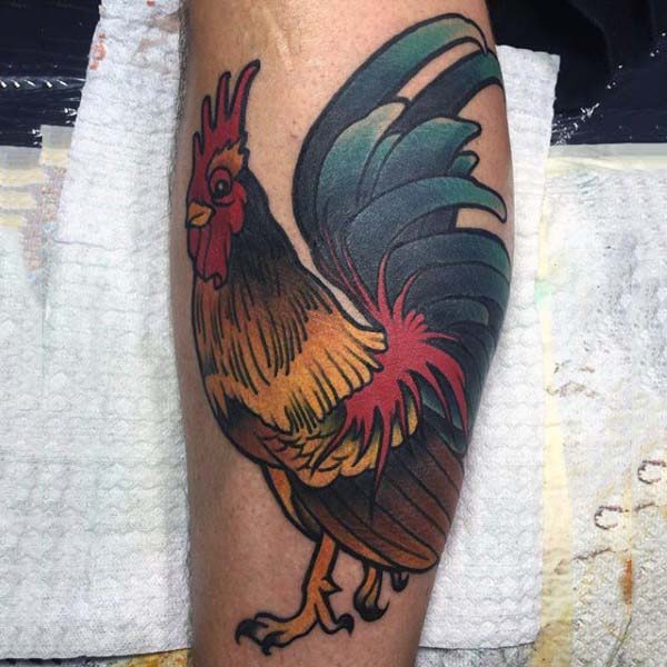 Calf Colored Rooster Tattoo For Men