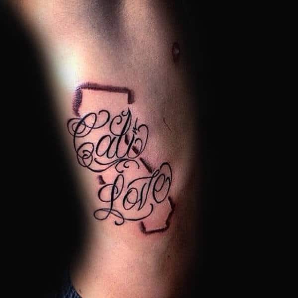 Cali Love Mens Rib Cage Side California Lettering Tattoo Ideas