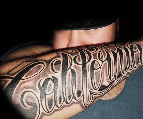 California Awesome Mens Lettering Arm Tattoo